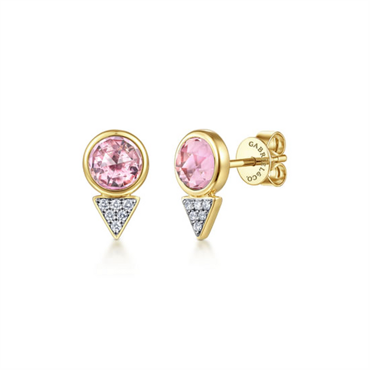 14K Yellow Gold Bezel Set Pink Created Zircon And Diamond Cluster Stud Earrings