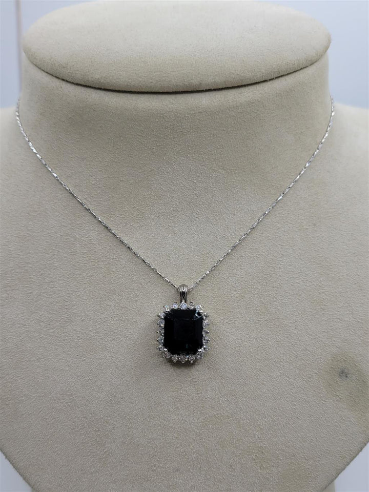 14K White Gold Blue Sapphire And Diamond Halo Necklace