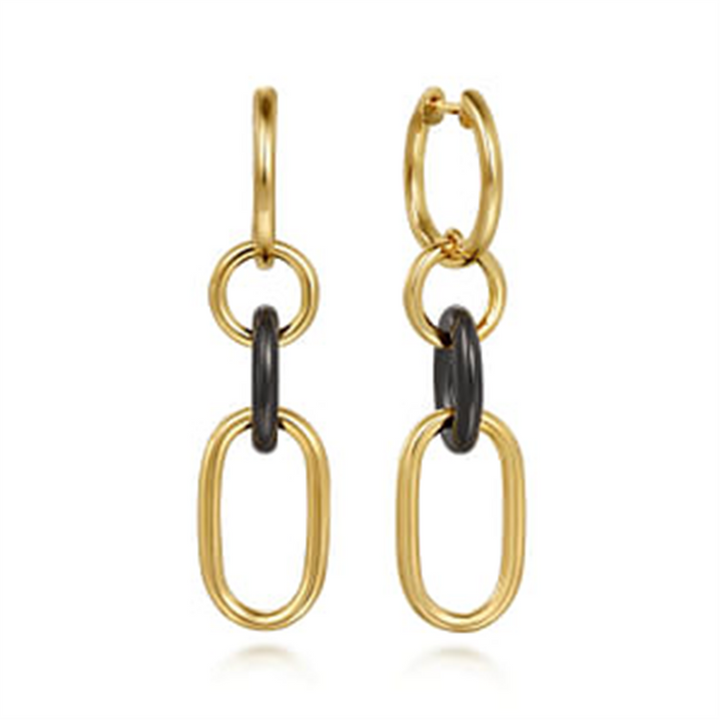 14K Yellow Gold & Black Ceramic Linked Dangle Earrings