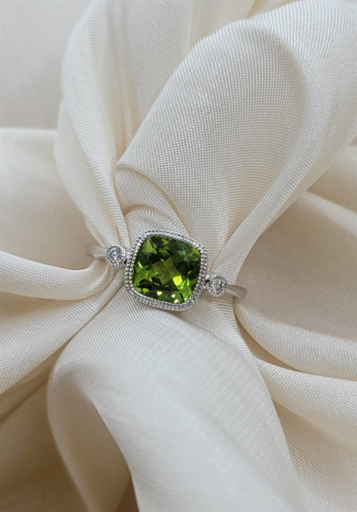 14K White Gold Milgrained Peridot And Diamond Fashion Ring