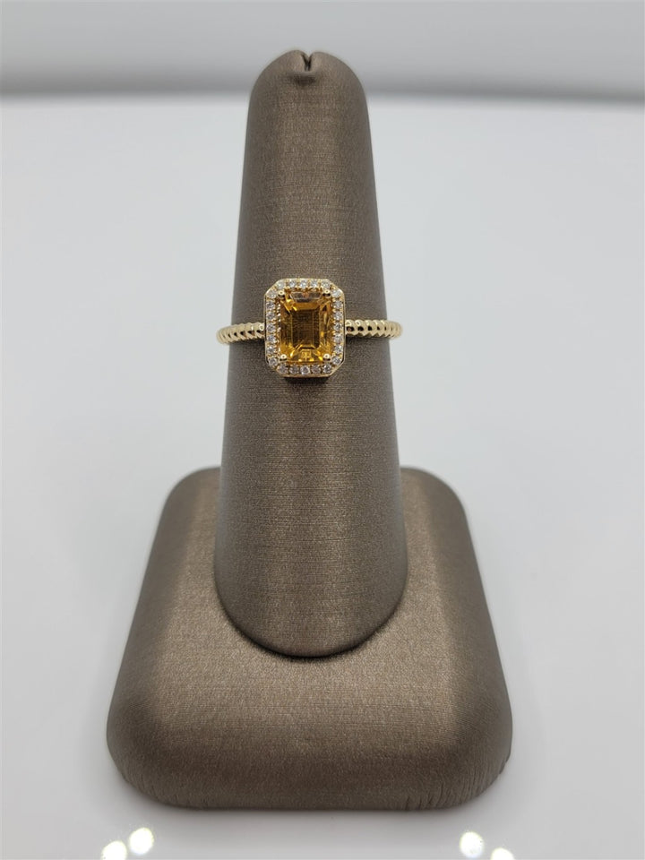 14K Yellow Gold Citrine And Diamond Halo Beaded Fashion Ring