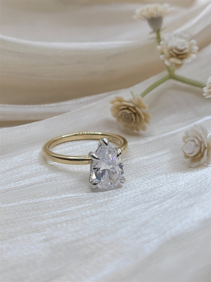 14K White-Yellow Gold Hidden Halo Pear Shape Diamond Engagement Ring