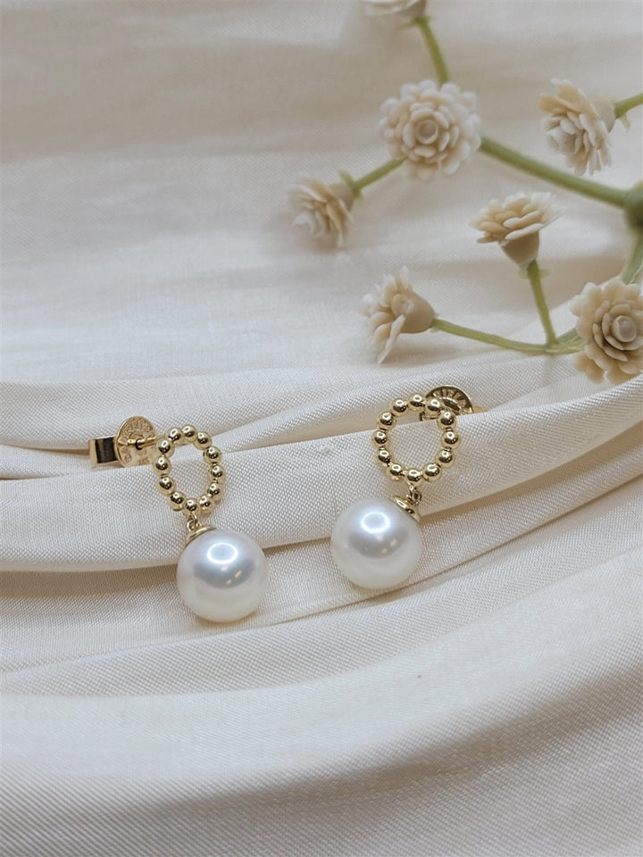 14K Yellow Gold Pearl Dangle Gold Earrings