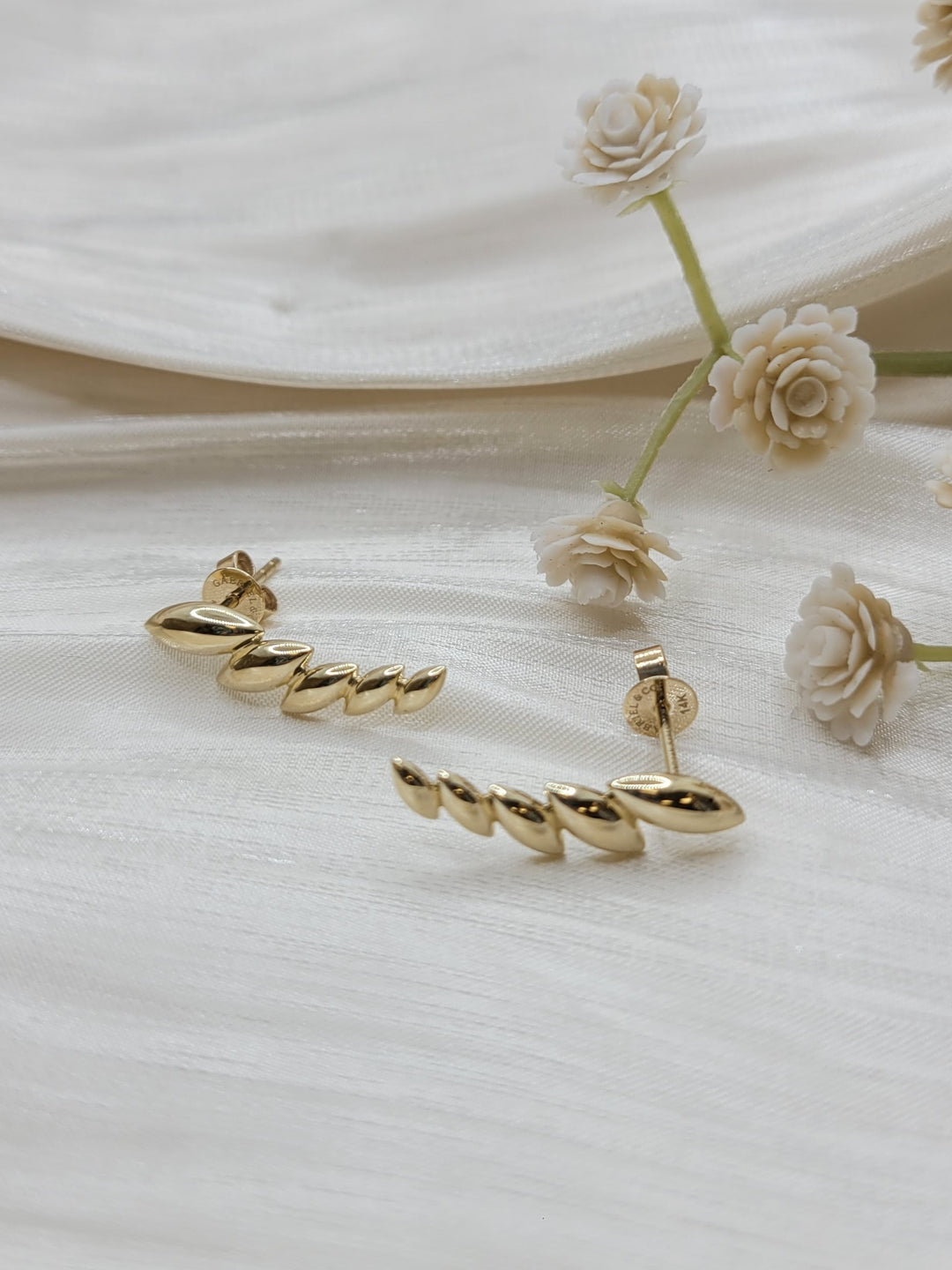14K Yellow Gold Leaf Station Crawler Earrings