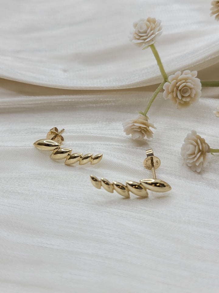 14K Yellow Gold Leaf Station Crawler Earrings