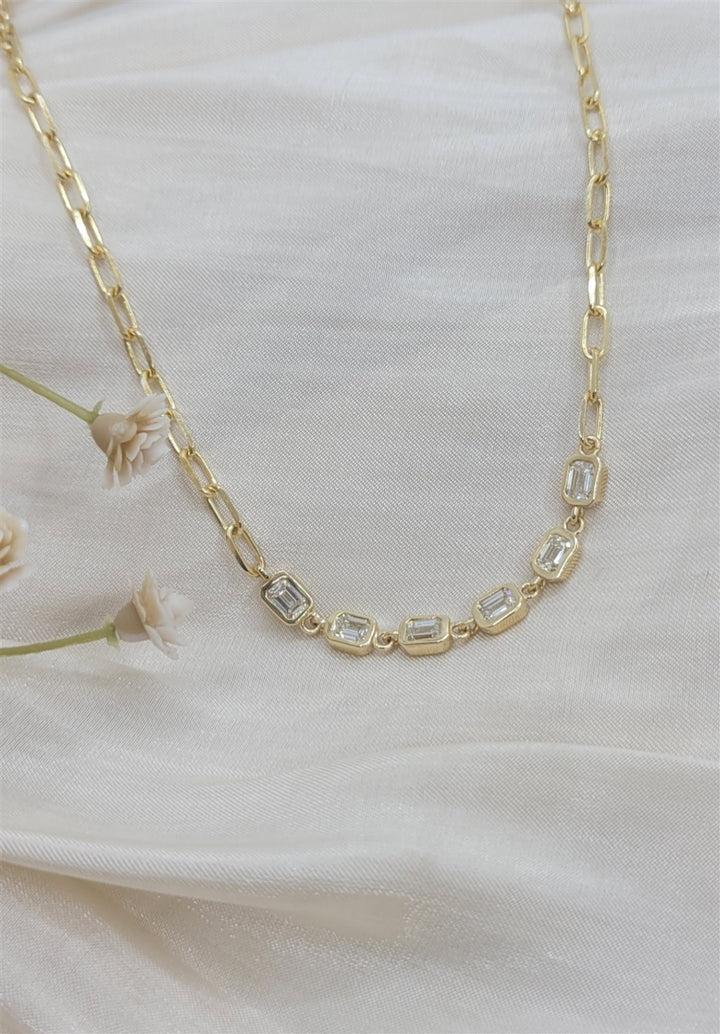 15" 14K Yellow Gold Bezel Baguette Natural Diamond Paperclip Chain Necklace