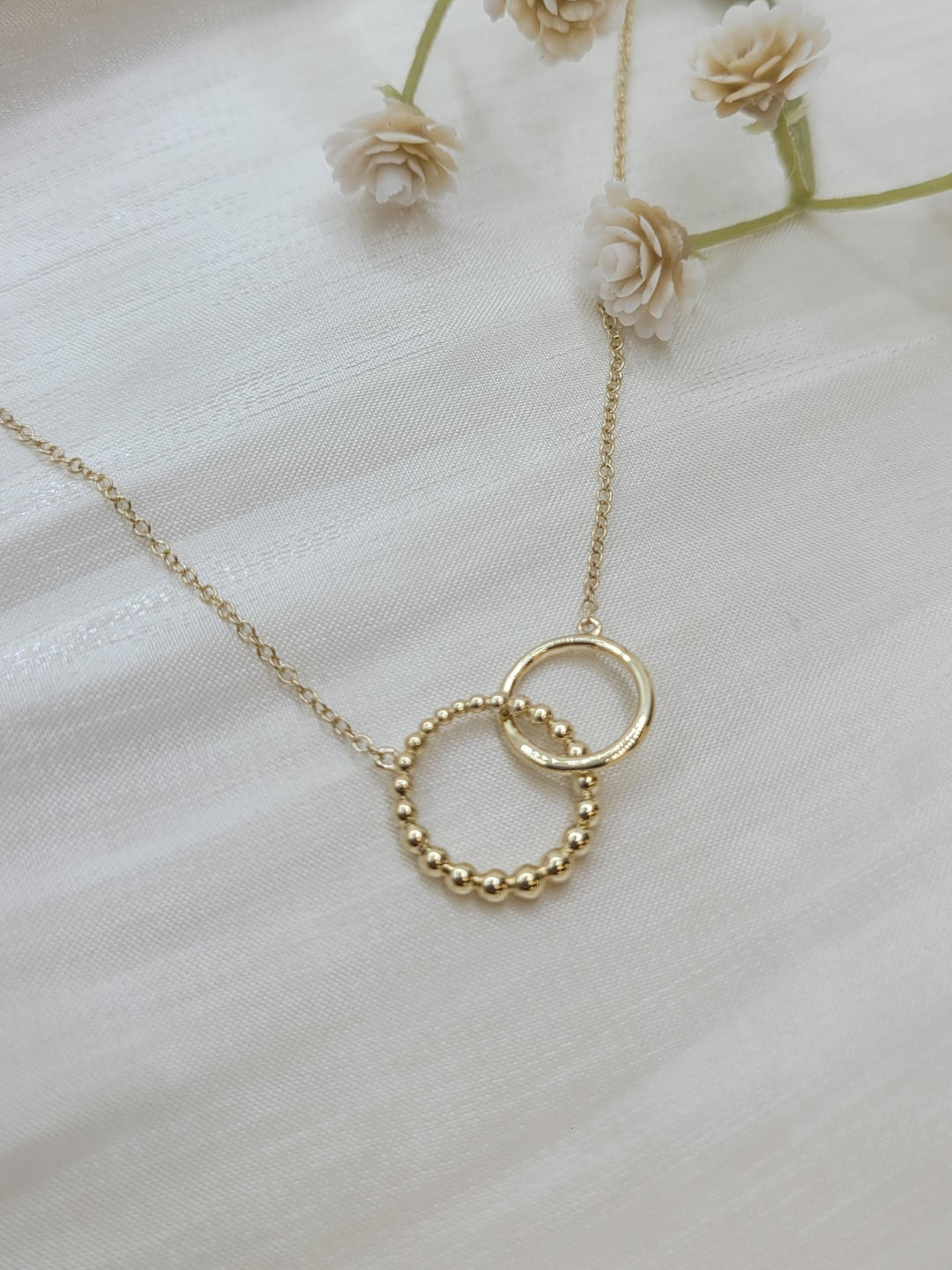 17.5" 14K Yellow Gold Bujukan Beaded Double Circle Necklace
