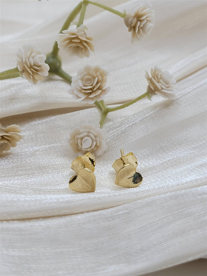 14K Yellow Gold Puffy Folded Heart Stud Earrings