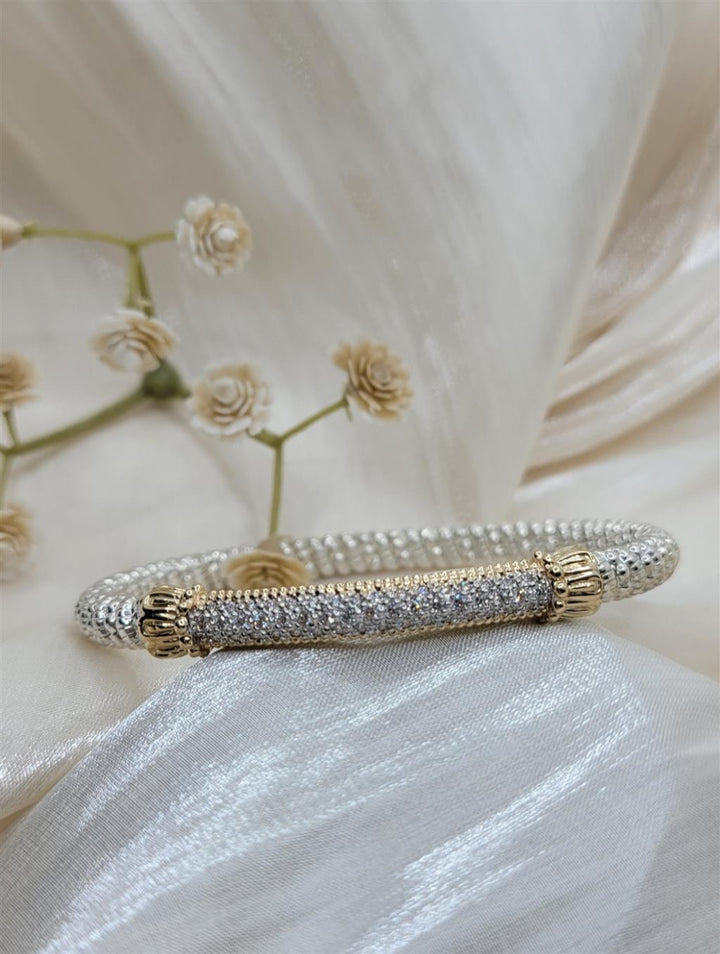 "Vahan" Silver & 14k Yellow 4mm Diamond Bar Closed Bangle Bracelet