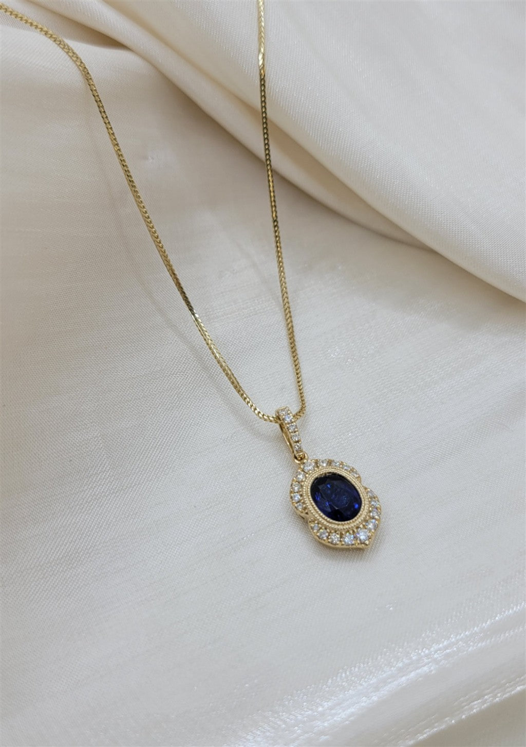 14K Yellow Gold Blue Sapphire And Diamond Antique Inspired Necklace
