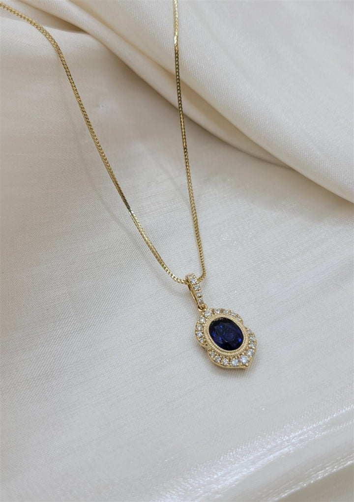 14K Yellow Gold Blue Sapphire And Diamond Antique Inspired Necklace