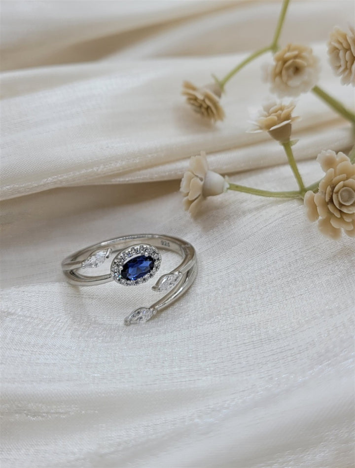 Sterling Silver Lab Grown Blue Sapphire & Swarovski Crystal Bypass Ring
