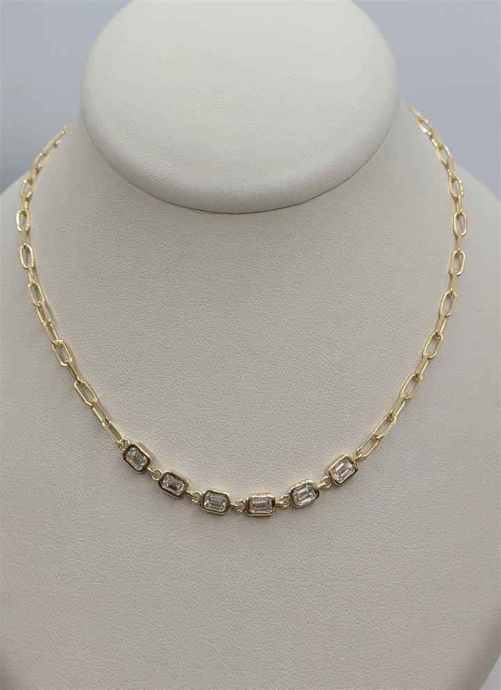 15" 14K Yellow Gold Bezel Baguette Natural Diamond Paperclip Chain Necklace