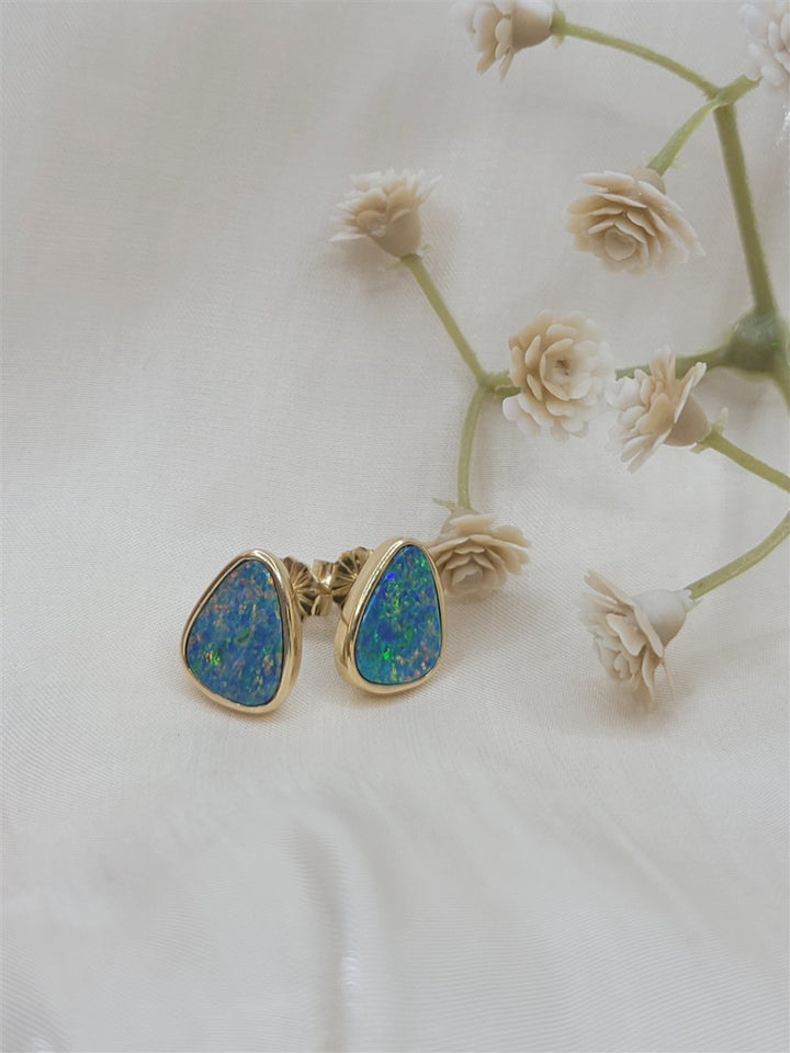 14K Yellow Gold Australian Opal Stud Earrings