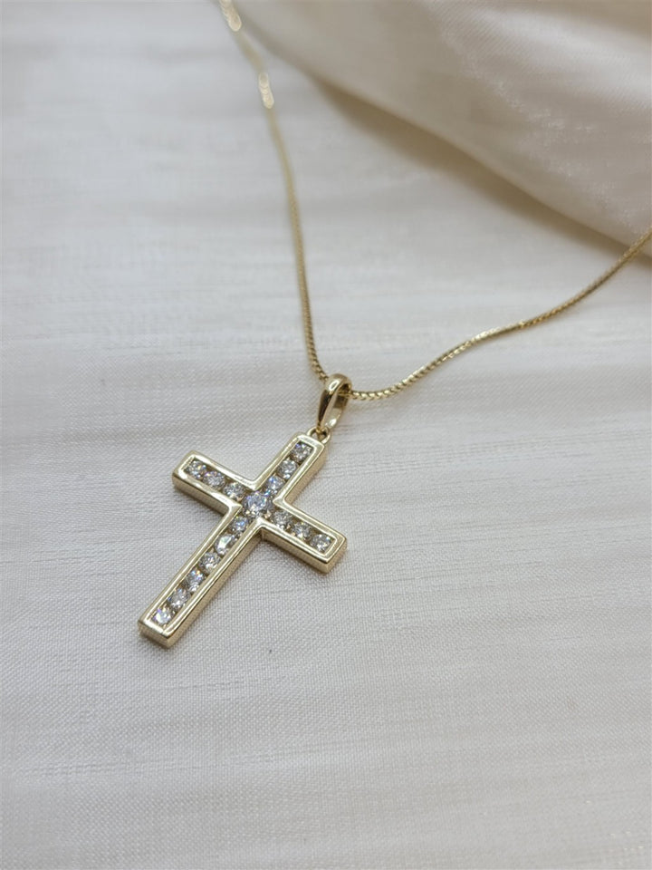 20" 14K Yellow Gold Natural Diamond Channel-Set Cross Necklace