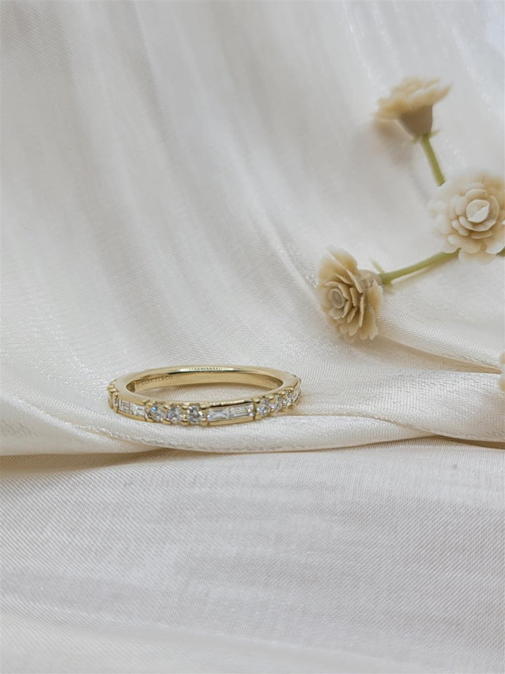 14K Yellow Gold "Gabriel & Co" Baguette And Round Diamond Stackable Ring