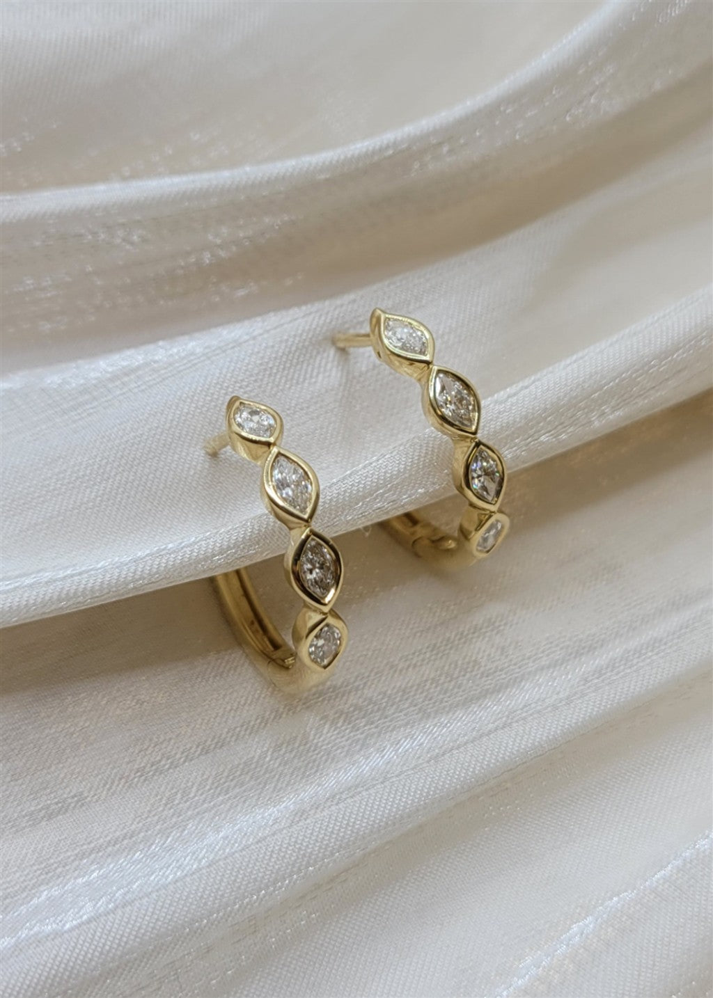 18K Yellow Gold Bezel Set Marquise Diamond Hoop Earrings