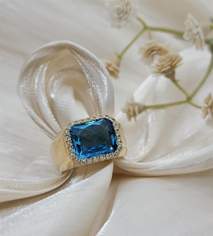 14K Yellow Gold Wide Band Blue Topaz & Diamonds Gemstone Ring