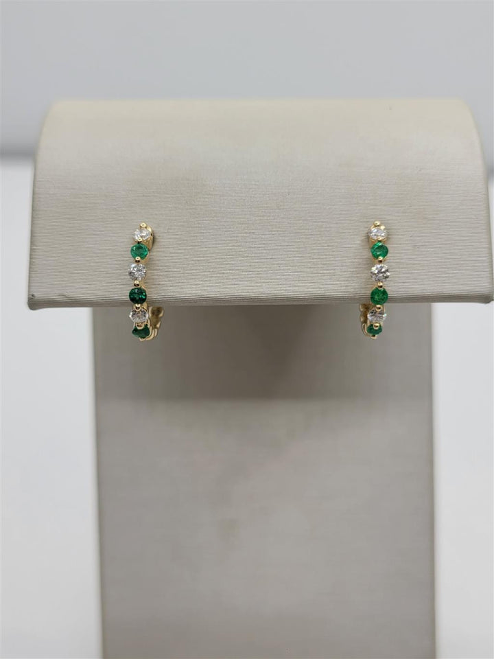 14K Yellow Gold Emerald And Diamond Beaded Hinged Huggie Hoop Earrings