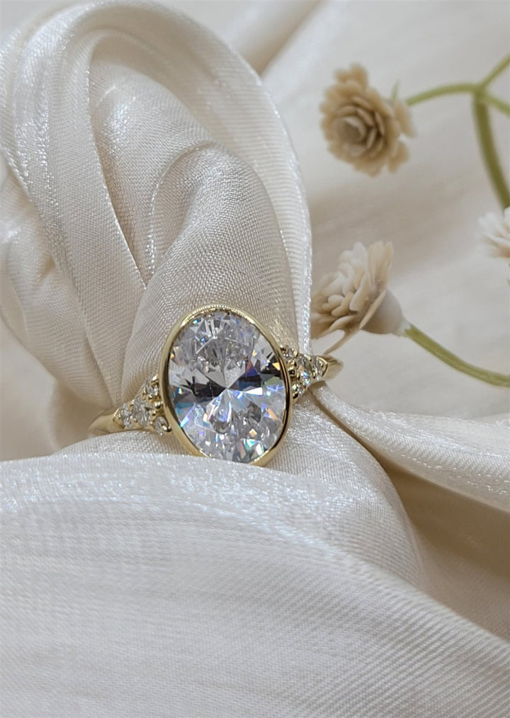 14K Yellow Gold Bezel Set Oval Diamond Engagement Ring Mounting