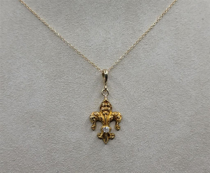 14K Yellow Gold Diamond Fleur-De-Lis Pendant Necklace