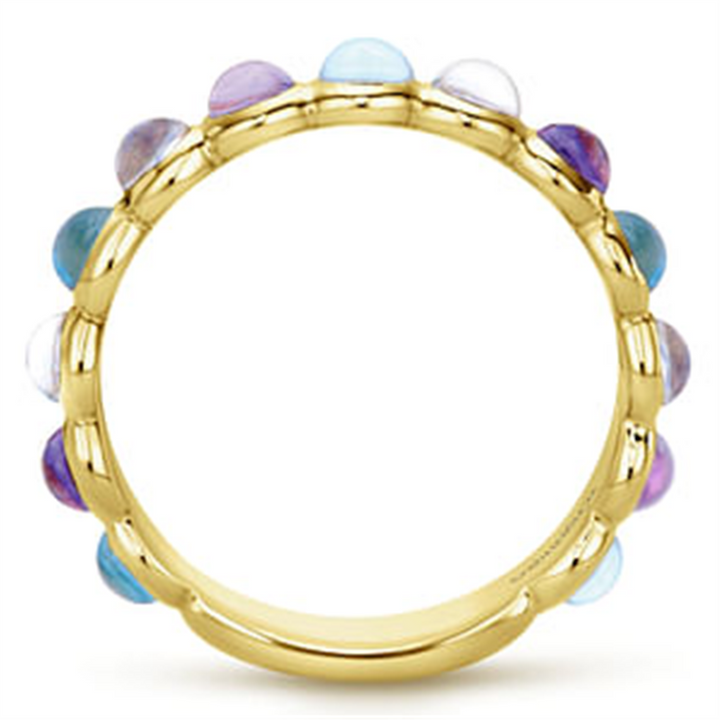 14K Yellow Gold Stackable Swiss Blue Topaz, Moonstone & Amethyst Gemstone Ring