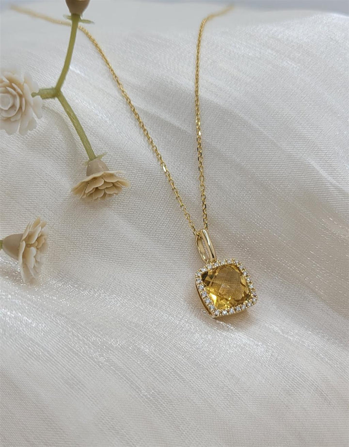 14K Yellow Gold Citrine Gemstone And Diamond Halo Necklace