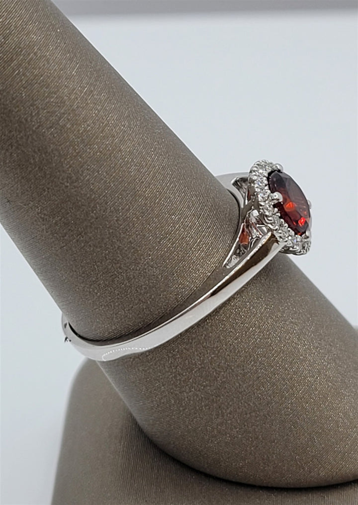 10K White Gold Garnet & Diamond Halo Fashion Ring
