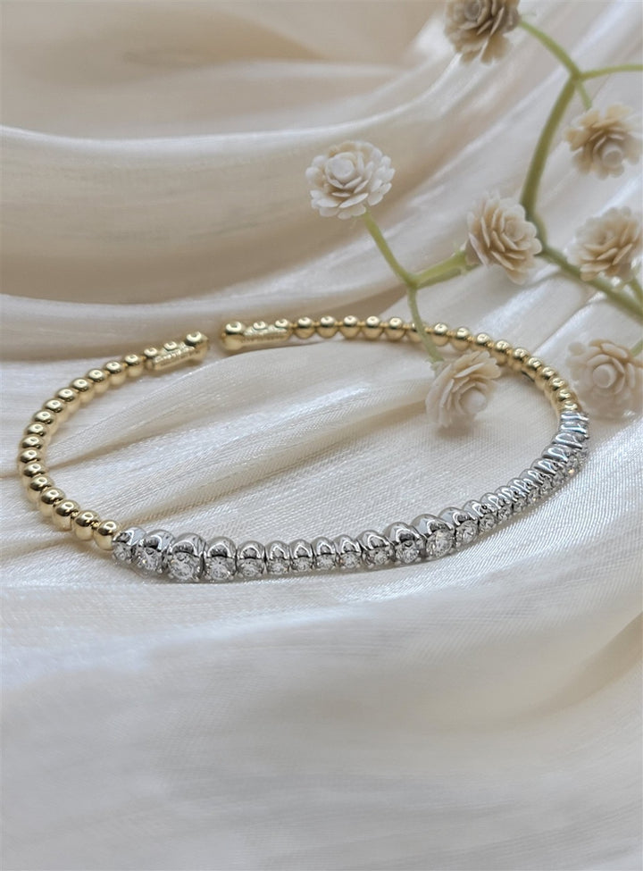 14K White & Yellow Gold Bujukan Beads And Graduating Diamond Split Bangle Bracelet