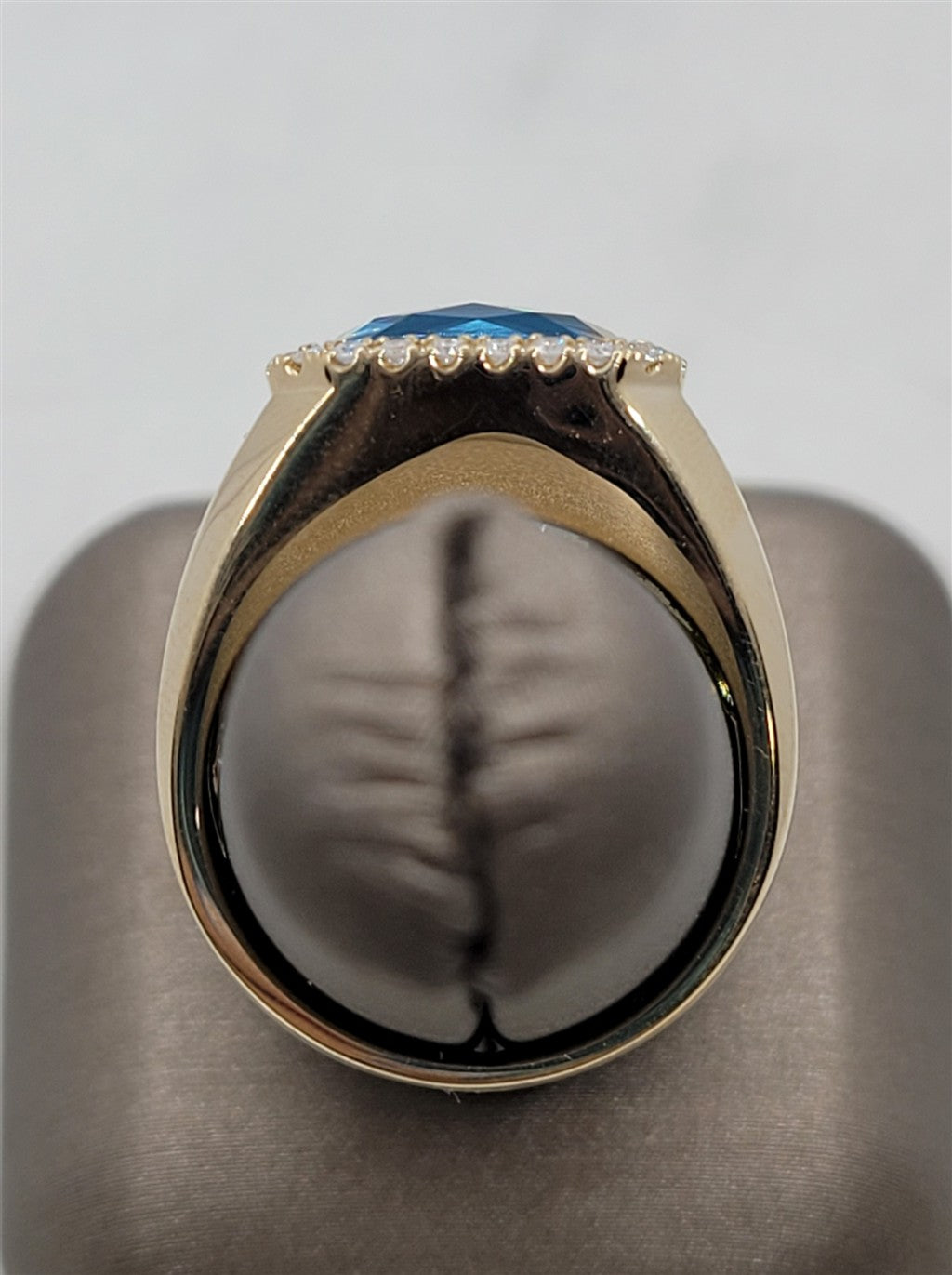 14K Yellow Gold Wide Band Blue Topaz & Diamonds Gemstone Ring