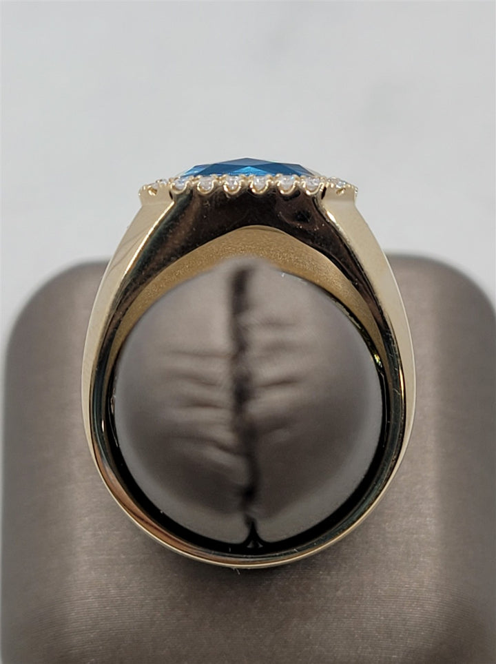 14K Yellow Gold Wide Band Blue Topaz & Diamonds Gemstone Ring