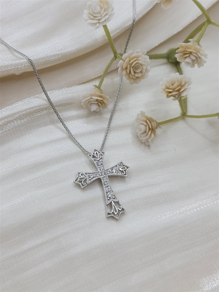 16" 14K White Gold Intricate Openwork Diamond Cross Necklace