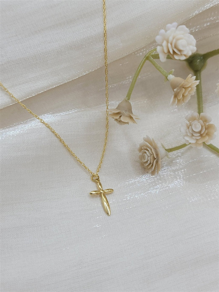 16-18" 14K Yellow Gold Puffy Cross Pendant Necklace