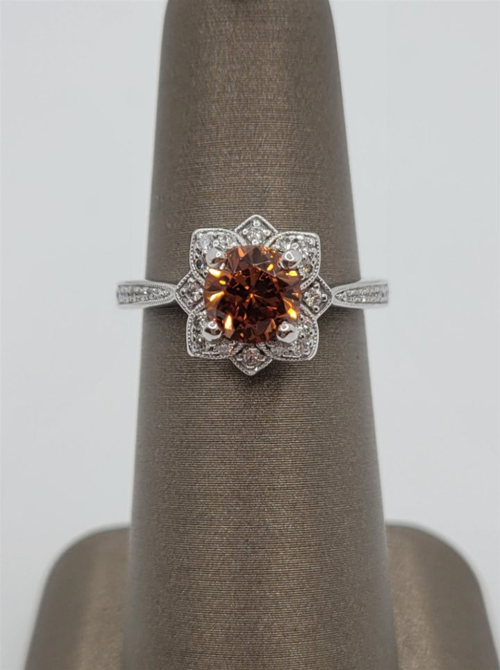 14K White Gold Spessartite Garnet & Diamond Vintage Ring