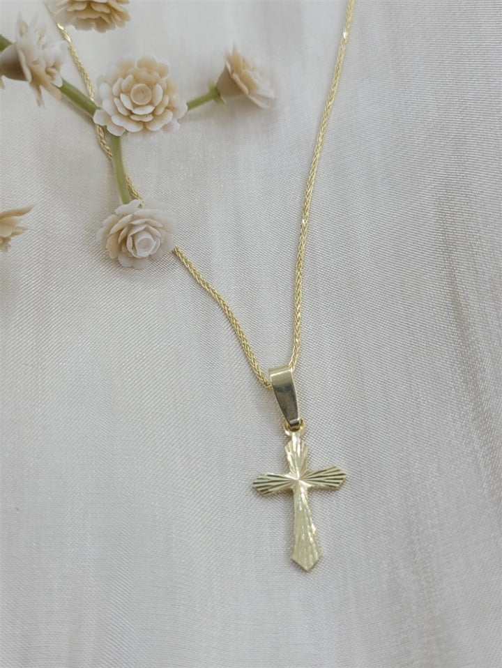 14K Yellow Gold Diamond Cut Cross Pendant Necklace