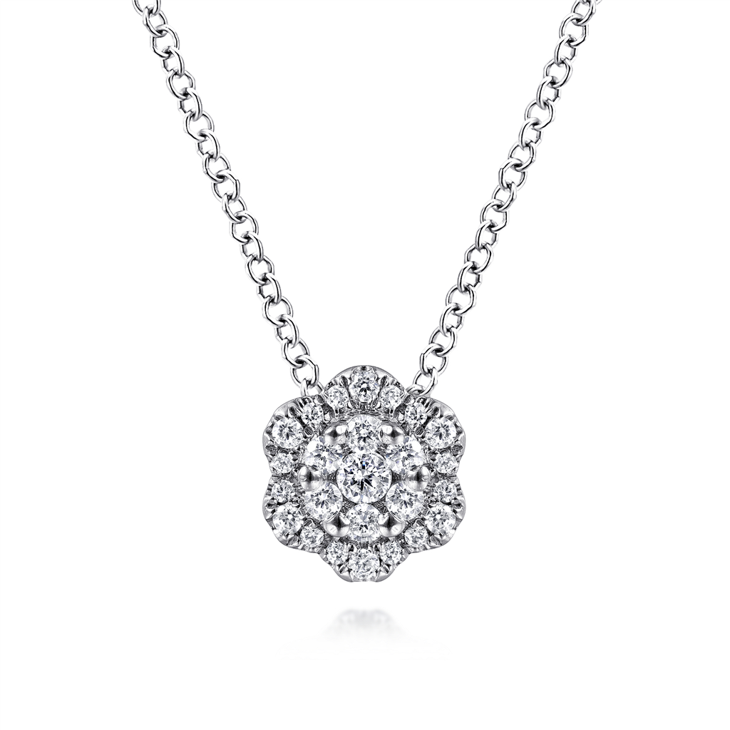 14K White Gold "Gabriel & Co" Diamond "Flower" Pendant Necklace