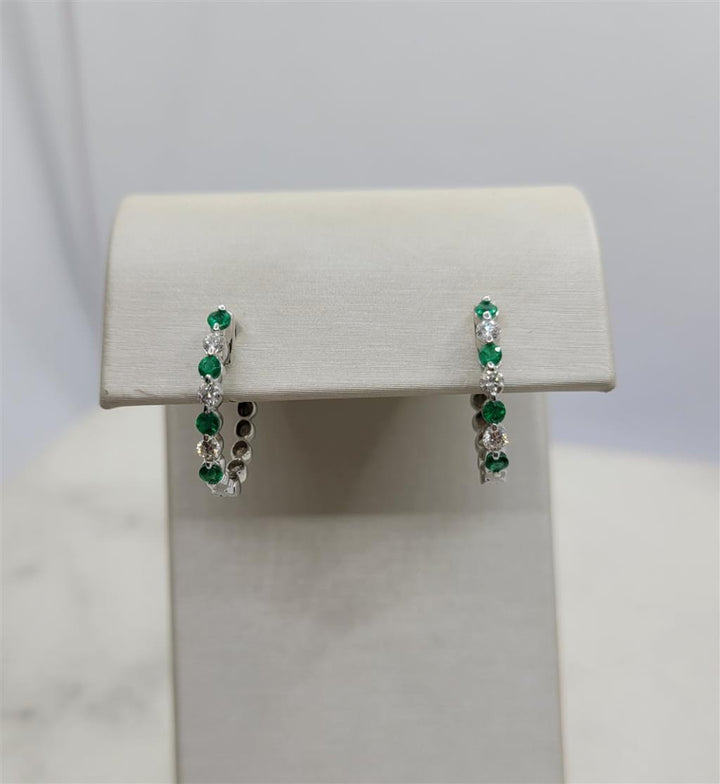 14K White Gold Emerald & Diamond Hoop Earrings