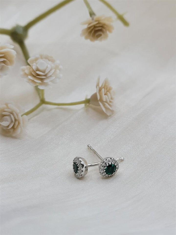 14K White Gold Emerald & Diamond Halo Earrings