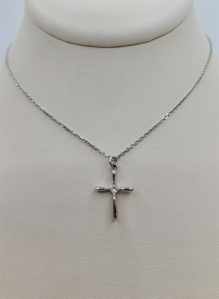 14K White Gold Single Diamond Cross Pendant Necklace