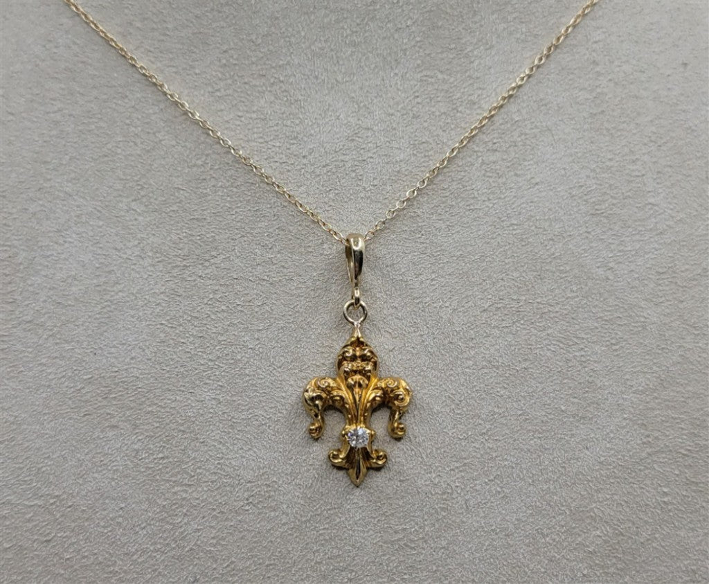 14K Yellow Gold Diamond Fleur-De-Lis Pendant Necklace