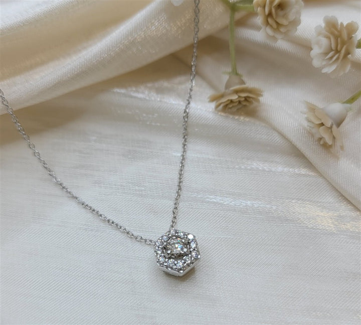 14K White Gold Round Cut Diamond Halo Necklace