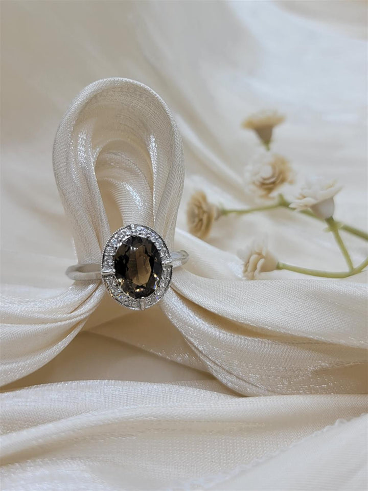 14K White Gold Classic Smoky Quartz & Diamonds Gemstone Ring