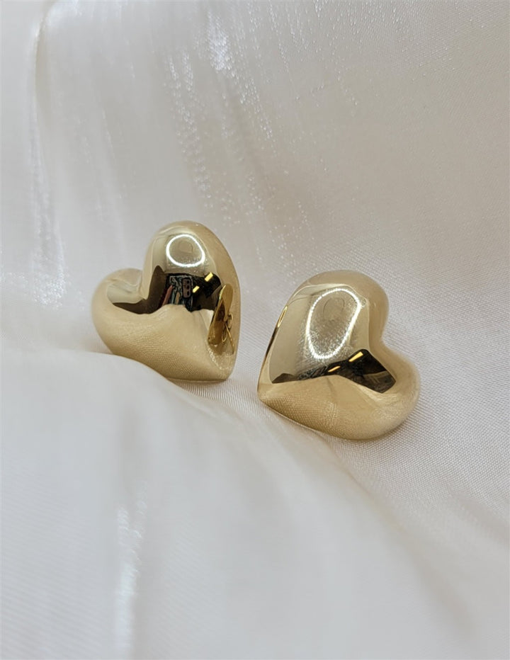 14K Yellow Electroform Puffed Heart Stud Earrings