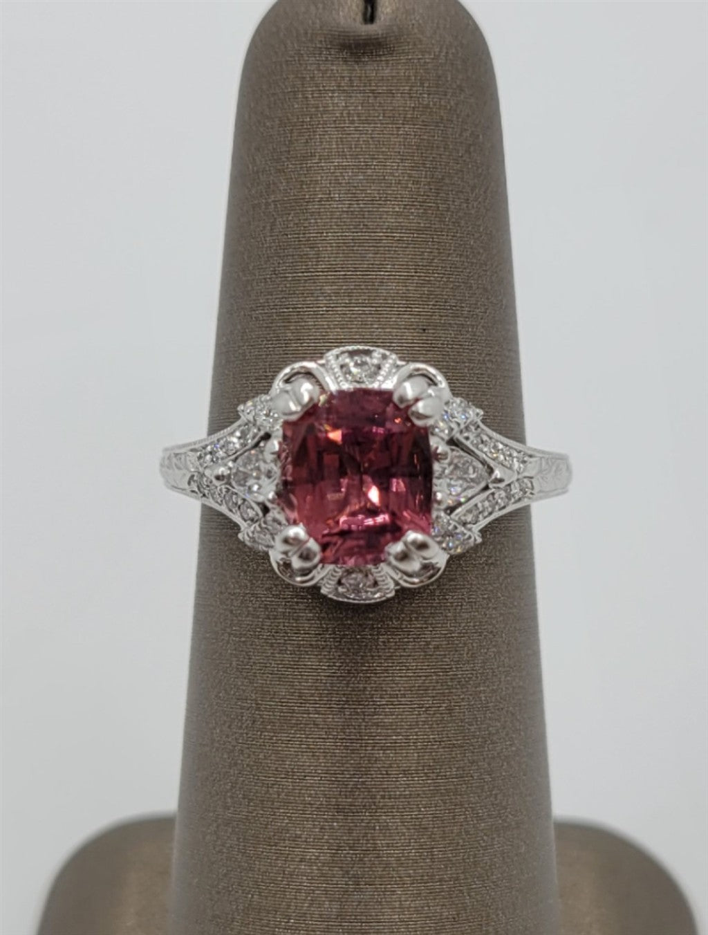 14K White Gold Vintage Style Pink Tourmaline & Diamond Ring