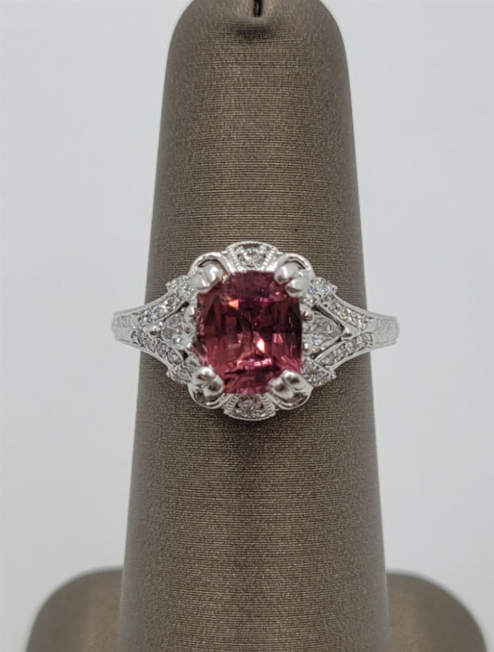 14K White Gold Vintage Style Pink Tourmaline & Diamond Ring