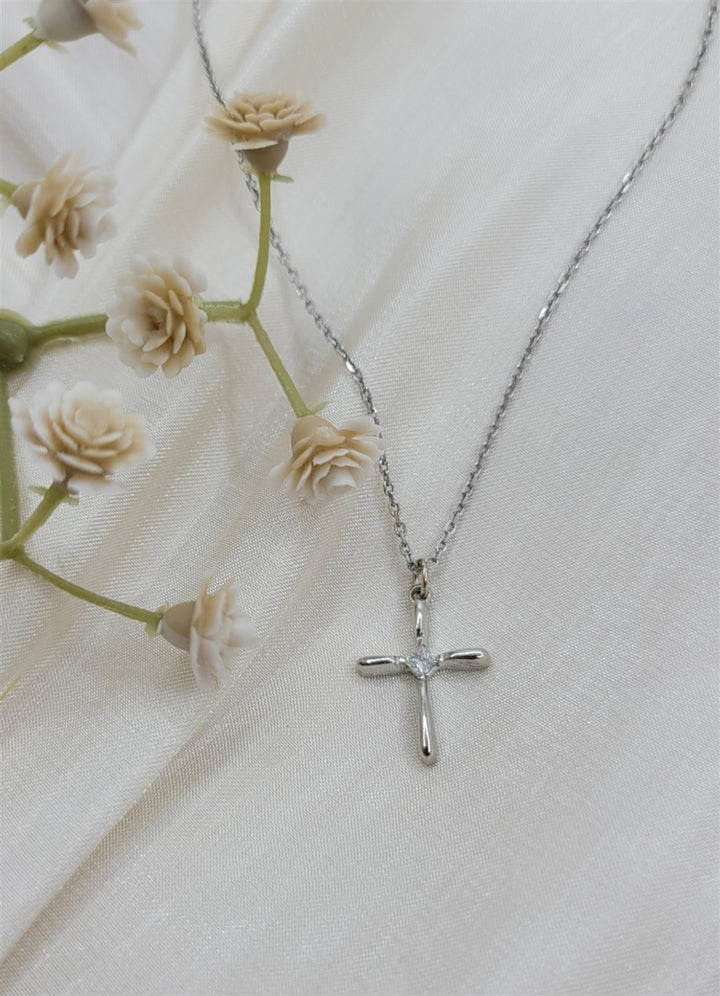 14K White Gold Single Diamond Cross Pendant Necklace