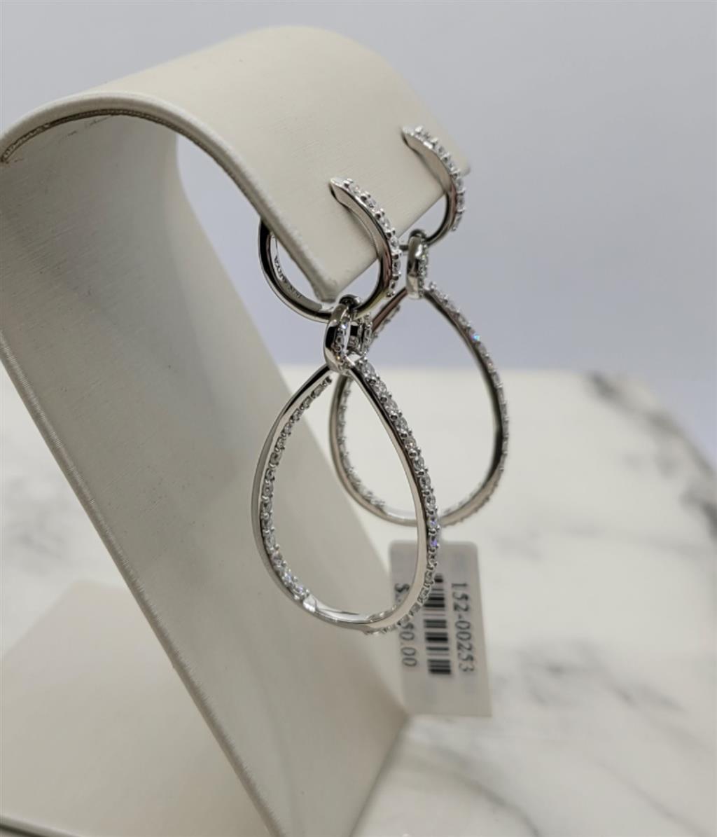 14K White Gold Pear Shaped Diamond Dangle Hoop Earrings