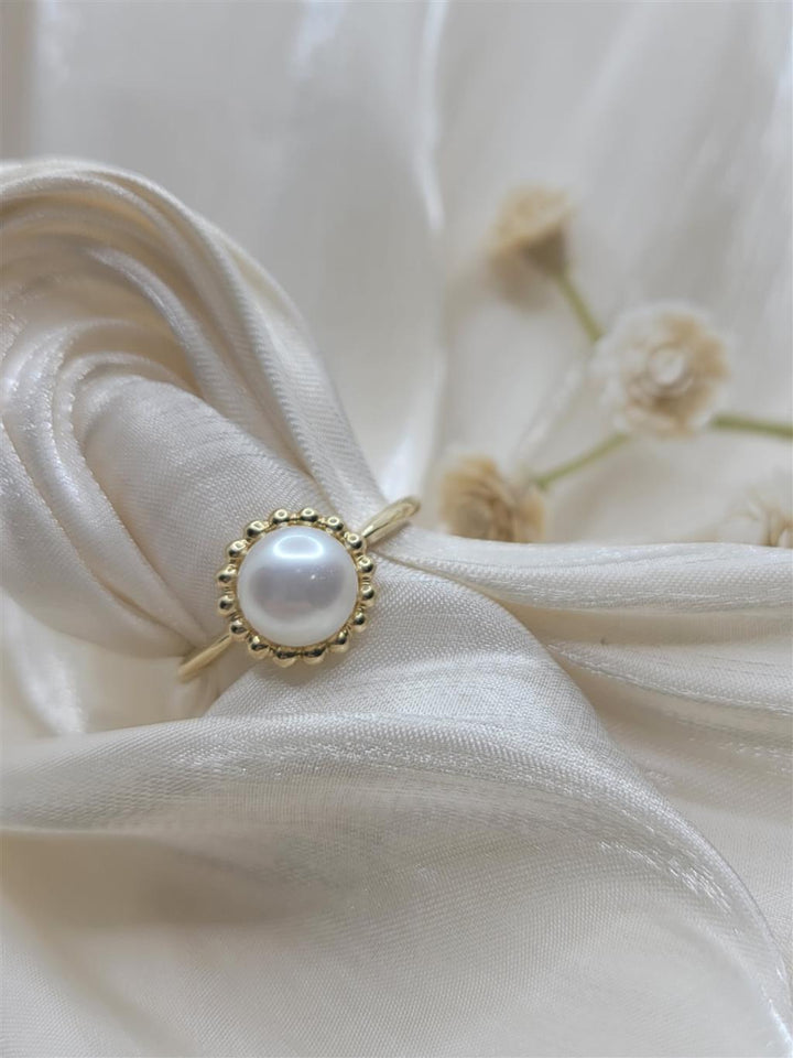 14K Yellow Gold Bujukan-Gaby Pearl Fashion Ring With Beaded Halo