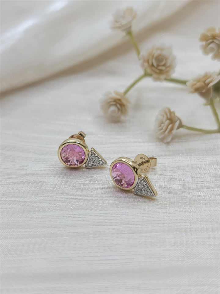14K Yellow Gold Bezel Set Pink Created Zircon And Diamond Cluster Stud Earrings