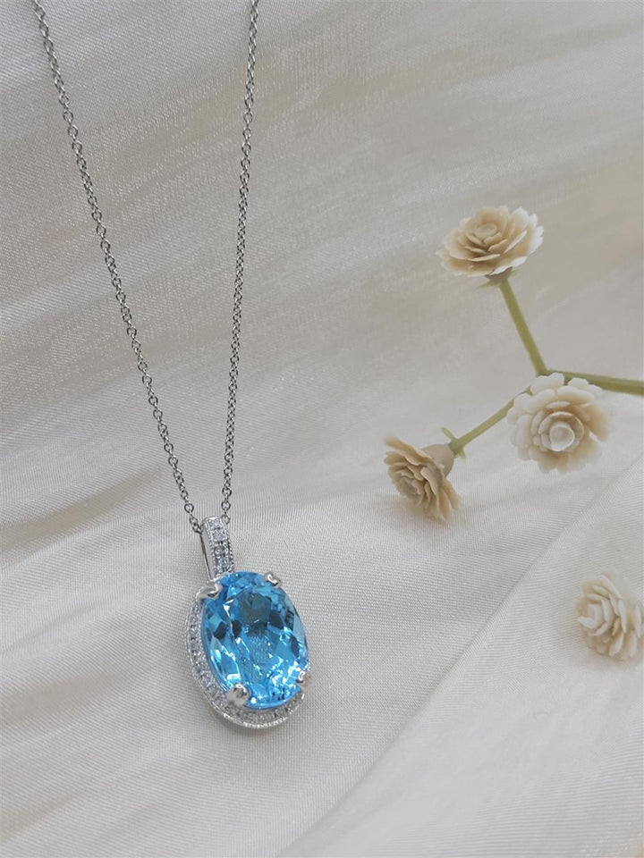 14K White Gold Blue Topaz & Diamond Gemstone Necklace